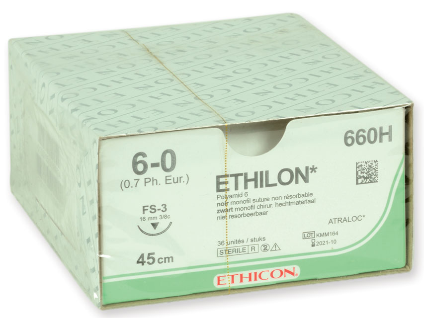 ETHICON ETHILON monofilamentas šuves.Izmērs 6/0, adata 16 mm