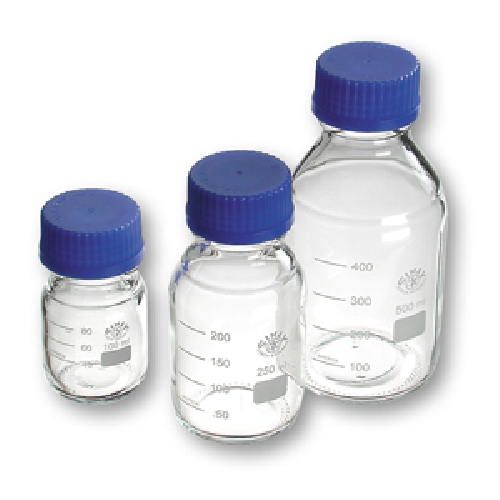 500 ml lab.pudeles ar zilu vāciņu, graduētas. - N1