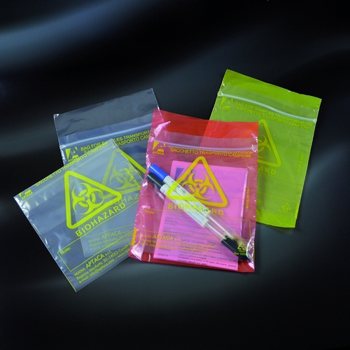 Sarkani PE paraugu transportēšanas maisiņi, divas kabatas -155x235 mm, BIOHAZARD, N1000
