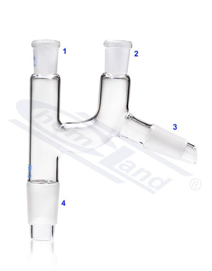 Destilācijas adapteris, Claisen galviņas, konuss kolbai 19/26, konuss kondensatoram 19/26, 2x ligzda 14/23