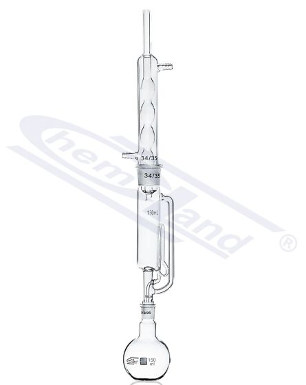 aparāts saskaņā ar Soksleta komplektu - ar izspiestu kondensatoru, ekstraktora efektīvais garums 140 mm, kopējais garums 280 mm, ligzdas 24/29 and 40/38.