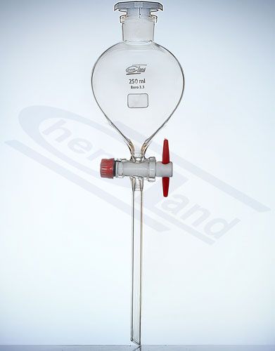 Atdalīšanas piltuve bumbiera formas ar aizbāzni PP ligzda 14/23 aizbāzni PTFE0025ml