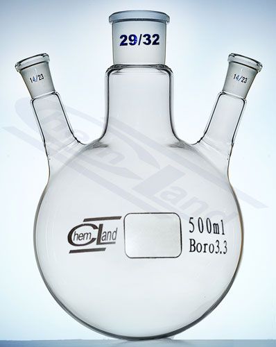 kolba ar apaļu dibenu 3 kakliņi leņķī 00050ml 29/14/14 29/14/14
