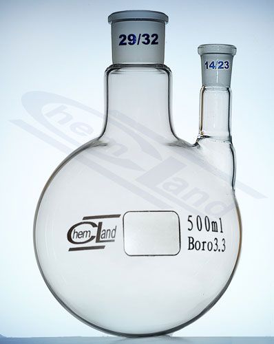 kolba ar apaļu dibenu, 2 kakliņi taisni 00500ml 29/32 un 14/23