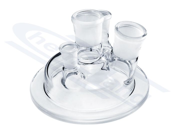 reakcijas kolbas vāciņš diam. 100, plakans atloks, galvenā ligzda 29/32, sānu ligzdas 29/32, 19/26, 14/24