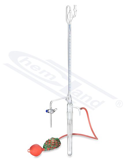 Buretes pēc Pellet, CHEMLAND NEW LINE, stikla aizbāzni, 50, cl.AS 0,1, ar sloksni un gumijas spuldzīti tīklā, komplektā.